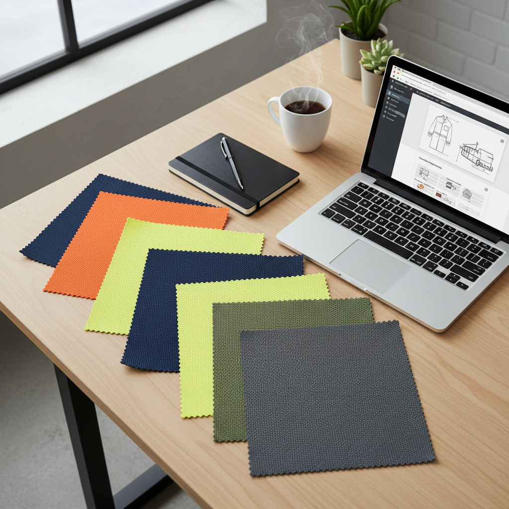 Desk with fabric samples and laptop